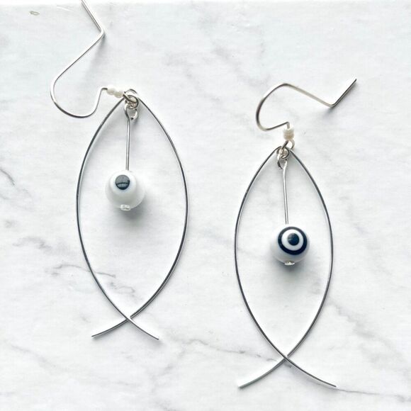 Silver Fish Earrings with White Evil Eye Worry Bead - Picture 1 of 5